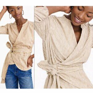 J.Crew Beige White Stripe Wrap Top Stretch Cotton Size Medium